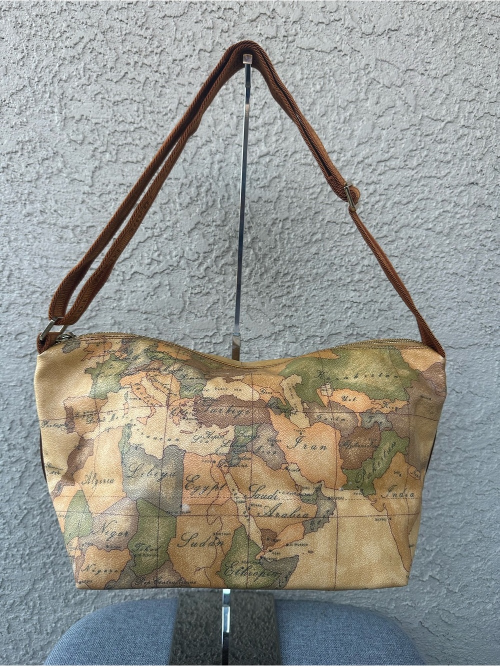 Alviero Martini Brown and Olive Map-Print Shoulder/crossbody Bag